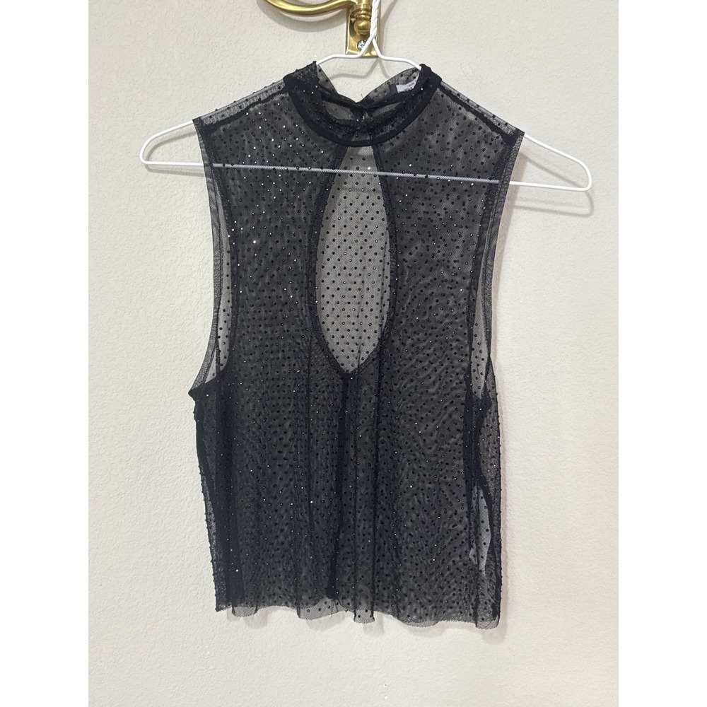 Bershka Mesh Rhinestone Top Women S Black Mock Neck Keyhole Cutout Sheer Sparkle